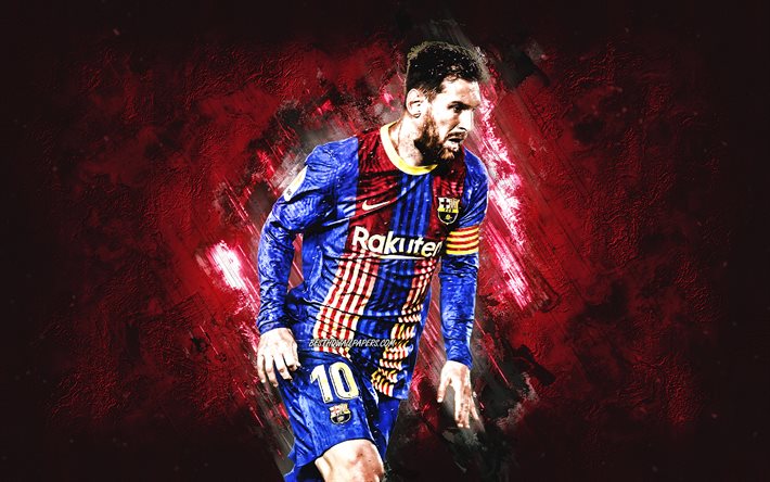 Lionel Messi, argentiinalainen jalkapalloilija, FC Barcelona, Lionel Messi -taide, viininpunainen kivitausta, jalkapallo, La Liga, Espanja, Leo Messi -taide