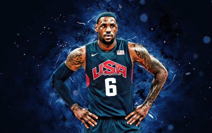 LeBron James, 4k, squadra nazionale maschile di basket USA, luci al neon blu, LeBron Raymone James, squadra nazionale di basket maschile statunitense, creativo, LeBron James 4K