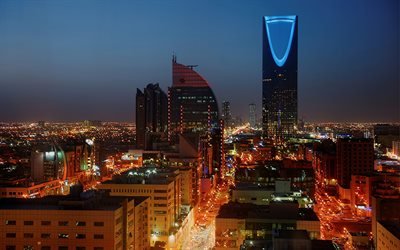 Kingdom Centre, Riyadh, in Arabia Saudita, grattacieli, notte, sera, le luci della citt&#224;, cityscape, Citt&#224; di Riyad Centro