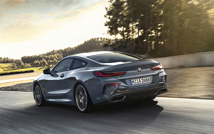BMW 8 Series Coupe, 2018, M850i xDrive, exterior, rear view, luxury sports coupe, new gray 8 Series, German sports cars, BMW