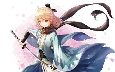 4k, Sakura Saber, sword, Cherry Blossom Saber, Fate Grand Order, Okita Souji, TYPE-MOON