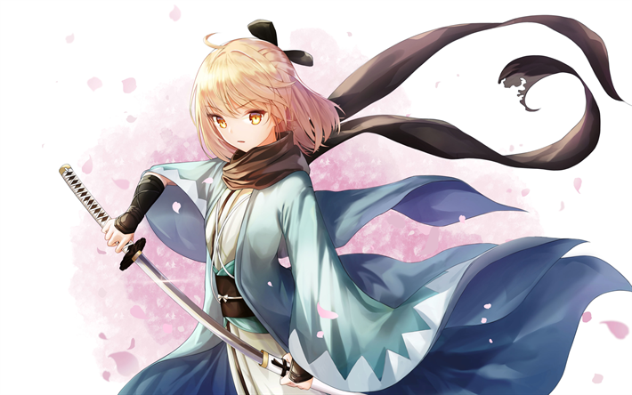 4k, sakura s&#228;bel, schwert, kirschbl&#252;te, s&#228;bel -, schicksals-grand bestellen, okita souji, type-moon