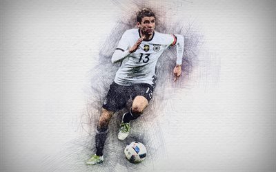 4k, Thomas Muller, Tysk fotboll, konstverk, Muller, fotboll, fotbollsspelare, ritning Thomas Muller, Tyskland Landslaget