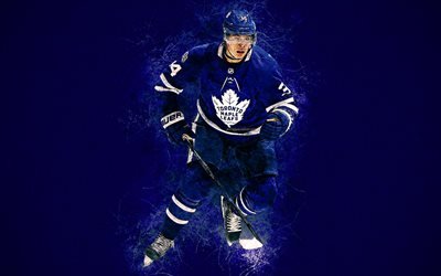 Auston Matthews, 4k, art, American hockey player, Toronto Maple Leafs, paint art, grunge style, NHL, USA, creative art, blue grunge background