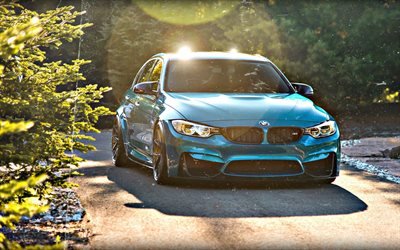 BMW M3, 2018, F80, framifr&#229;n, bl&#229; sportsedan, tuning M3, lyx hjul, BMW, Tyska bilar