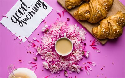 Good Morning, concepts, coffee, croissants, breakfast, pink background