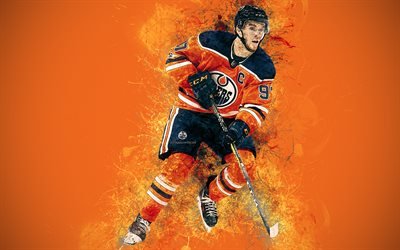 Connor McDavid, 4K, art, Canadian hockey player, grunge style, Edmonton Oilers, paint art, NHL, USA, creative art, hockey, orange grunge background