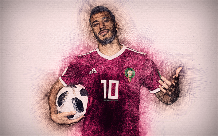 Younes Belhanda, 4k, Moroccan football team, artwork, soccer, Belhanda, footballers, drawing Younes Belhanda, Morocco National Team