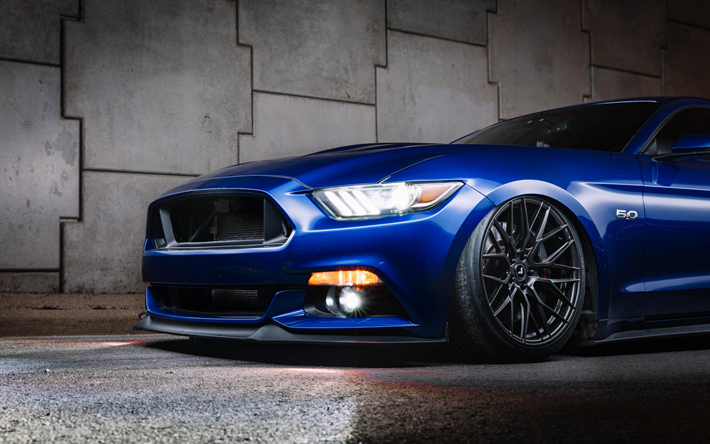 Ford Mustang GT, 2018, tuning Mustang, new blue Mustang, sports coupe, black wheels, American sports car, Ford