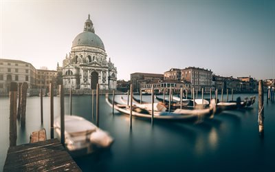 Venetsia, gondolit, laituri, Italia, blur, aamulla Venetsia, Euroopassa