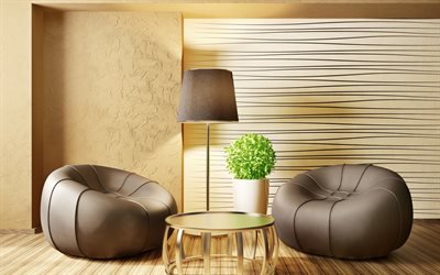 modern stylish interior of the living room, minimalism, stylish gray armchairs, armchairs bags, modern design