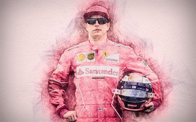 4k, Kimi Raikkonen, kuvitus, F1, Scuderia Ferrari, piirustus R&#228;ikk&#246;nen, Formula 1, Ferrari, Kimi
