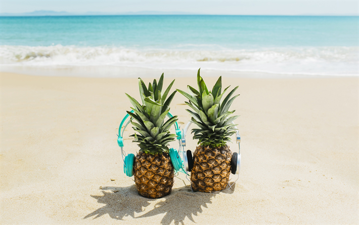 spiaggia, estate, ananas, sabbia, viaggio, concetti, relax, vacanze, isole tropicali