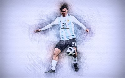 4k, Paulo Dybala, 2018, sanat, futbol yıldızları, Arjantin Milli Takımı, Dybala, futbol, futbolcular, &#231;izim Paulo Dybala, Arjantin Milli Futbol Takımı