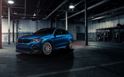 BMW X6M, 2018, tuning X6, F86, exterior, front view, new blue X6M, luxury sports SUV, German cars, BMW