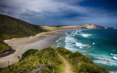 luxury beach, ocean, mountains, coast, waves, New Zealand