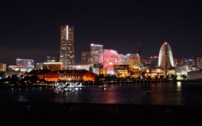Yokohama, noturnas, aterro, Roda gigante, Jap&#227;o, &#193;sia