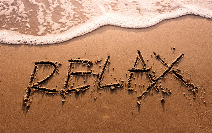 Relaxar, inscri&#231;&#227;o na areia, praia, mar, trailers de viagens, ver&#227;o, brisa do mar