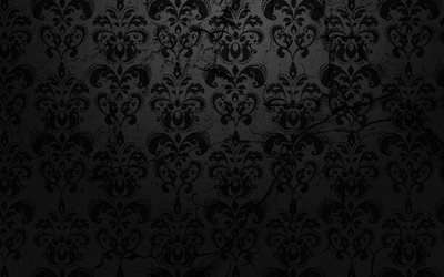damass&#233; motif, 4k, motif floral, fond noir, vintage, damas texture