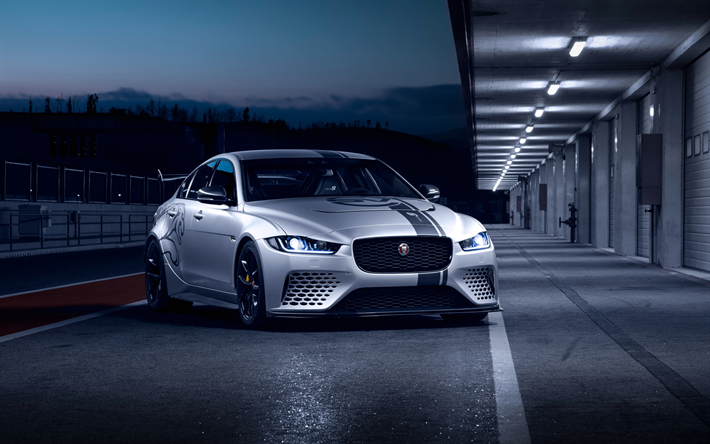Jaguar XE SV Project 8, 2018, front view, racing sedan, tuning, new silver XE, exterior, black wheels, racing track, Jaguar