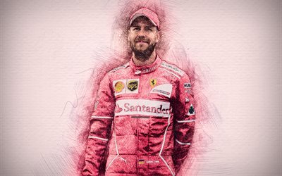 4k, Sebastian Vettel, œuvres d&#39;art, F1 de la Scuderia Ferrari, dessin Vettel, Formule 1, Ferrari, Formule Un