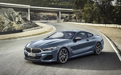 BMW 8-Series Coupe, 2018, 4k, M850i xDrive, front view, exterior, luxury sports coupe, racing track, new gray 8-Series, German cars, BMW