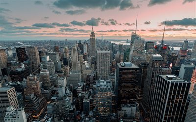 Nova York, EUA, p&#244;r do sol, noite, Empire State Building, centros de neg&#243;cios, arranha-c&#233;us, metr&#243;pole, 4 de julho, paisagem urbana, NYC