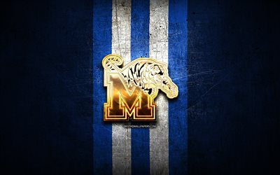 Memphis Tigers, golden logo, NCAA, blue metal background, american football club, Memphis Tigers logo, american football, USA
