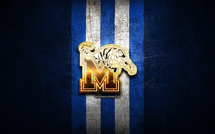 Memphis Tigers, golden logo, NCAA, blue metal background, american football club, Memphis Tigers logo, american football, USA
