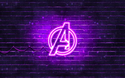 Avengers violet logo, 4k, violet brickwall, Avengers logo, superheroes, Avengers neon logo, Avengers