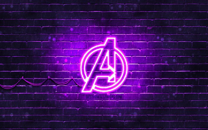 Vingadores violeta logotipo, 4k, violeta brickwall, Vingadores logotipo, super-her&#243;is, Vingadores neon logotipo, Vingadores