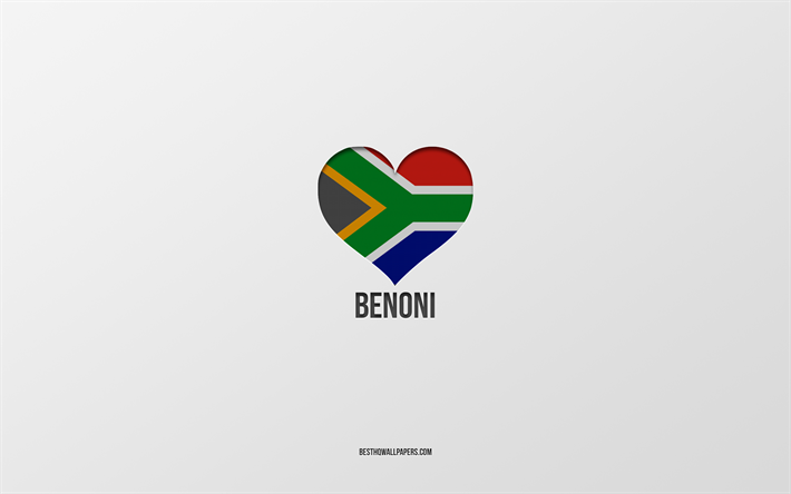 amo a benoni, ciudades sudafricanas, d&#237;a de benoni, fondo gris, benoni, sud&#225;frica, coraz&#243;n de la bandera sudafricana, ciudades favoritas, love benoni