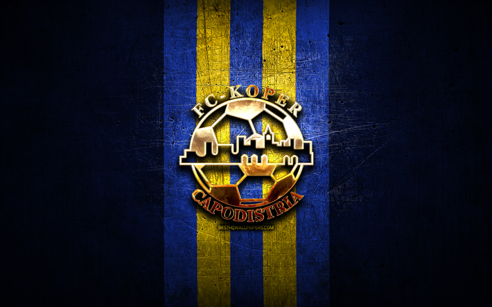 Koper FC, golden logo, Prva liga, blue metal background, football, Slovenian football club, FC Koper logo, soccer, Slovenia, FC Koper