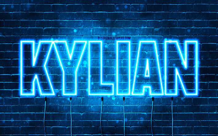 Happy Birthday Kylian, 4k, blue neon lights, Kylian name, creative, Kylian Happy Birthday, Kylian Birthday, popular french male names, picture with Kylian name, Kylian
