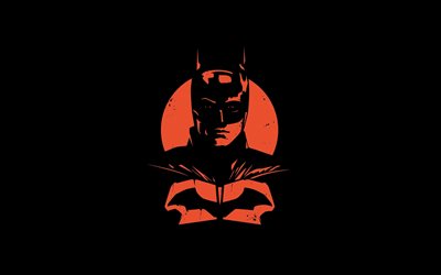 バットマン, 黒の背景, オレンジ色のバットマンの肖像画, クリエイティブなミニマルアート, スーパーヒーロー