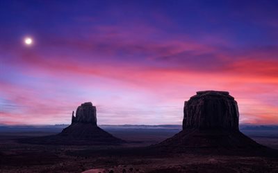 monument valley, sera, tramonto, colorado plateau, buttes di arenaria, west mitten butte, east mitten butte, arizona, stati uniti