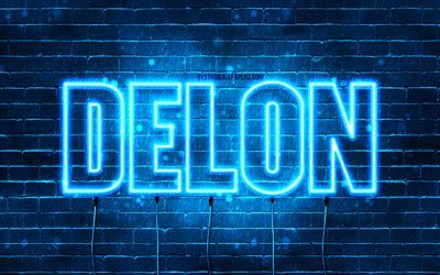 Happy Birthday Delon, 4k, blue neon lights, Delon name, creative, Delon Happy Birthday, Delon Birthday, popular french male names, picture with Delon name, Delon