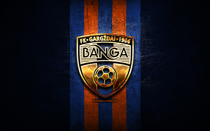 banga fc, altın logo, a lyga, mavi metal arka plan, futbol, ​​litvanya futbol kul&#252;b&#252;, fk banga logo, fk banga