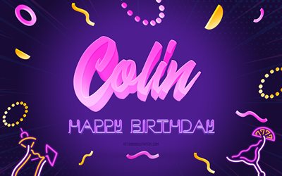 Happy Birthday Colin, 4k, Purple Party Background, Colin, creative art, Happy Colin birthday, Colin name, Colin Birthday, Birthday Party Background
