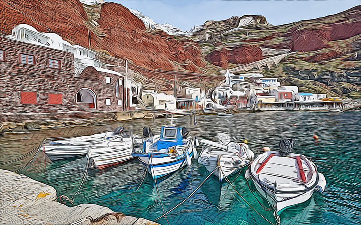 Amoudi Bay, Santorini, Oia, Greece, 4k, vector art, Santorini drawing, creative art, Santorini art, vector drawing, abstract cities, Greece drawings