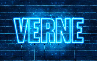 Happy Birthday Verne, 4k, blue neon lights, Verne name, creative, Verne Happy Birthday, Verne Birthday, popular french male names, picture with Verne name, Verne