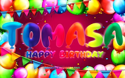 Happy Birthday Tomasa, 4k, colorful balloon frame, Tomasa name, purple background, Tomasa Happy Birthday, Tomasa Birthday, popular mexican female names, Birthday concept, Tomasa