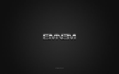 Eminem logo, silver shiny logo, Eminem metal emblem, gray carbon fiber texture, Eminem, brands, creative art, Eminem emblem