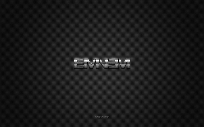 Eminem logo, silver shiny logo, Eminem metal emblem, gray carbon fiber texture, Eminem, brands, creative art, Eminem emblem