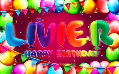 お誕生日おめでとうリビエ, chk, カラフルなバルーンフレーム, リビエ名, 紫の背景, リビエお誕生日おめでとう, リビエの誕生日, 人気のメキシコの女性の名前, 誕生日のコンセプト, リビエ
