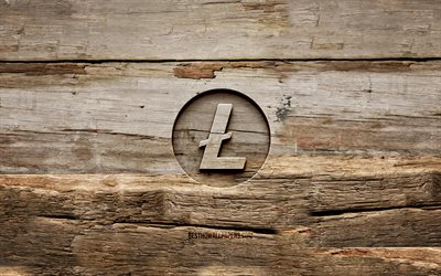 Litecoin wooden logo, 4K, wooden backgrounds, cryptocurrency, Litecoin logo, creative, wood carving, Litecoin