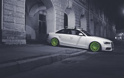 Audi A4, tuning, low rider, night, white a4, german cars, Audi