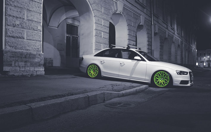 Audi A4, ayarlama, d&#252;ş&#252;k binici, gece, beyaz a4, Alman otomobil, Audi