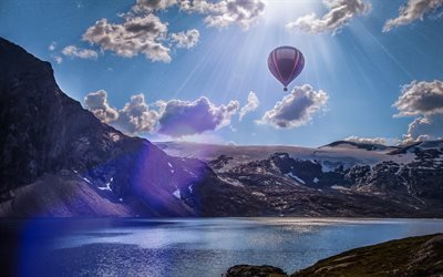 Noruega, lago, montanhas, bal&#227;o de ar, luzes de sol