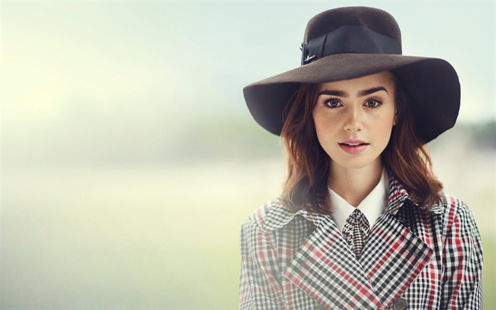 Lily Collins, American actress, portrait, girl in a hat, young actress, model